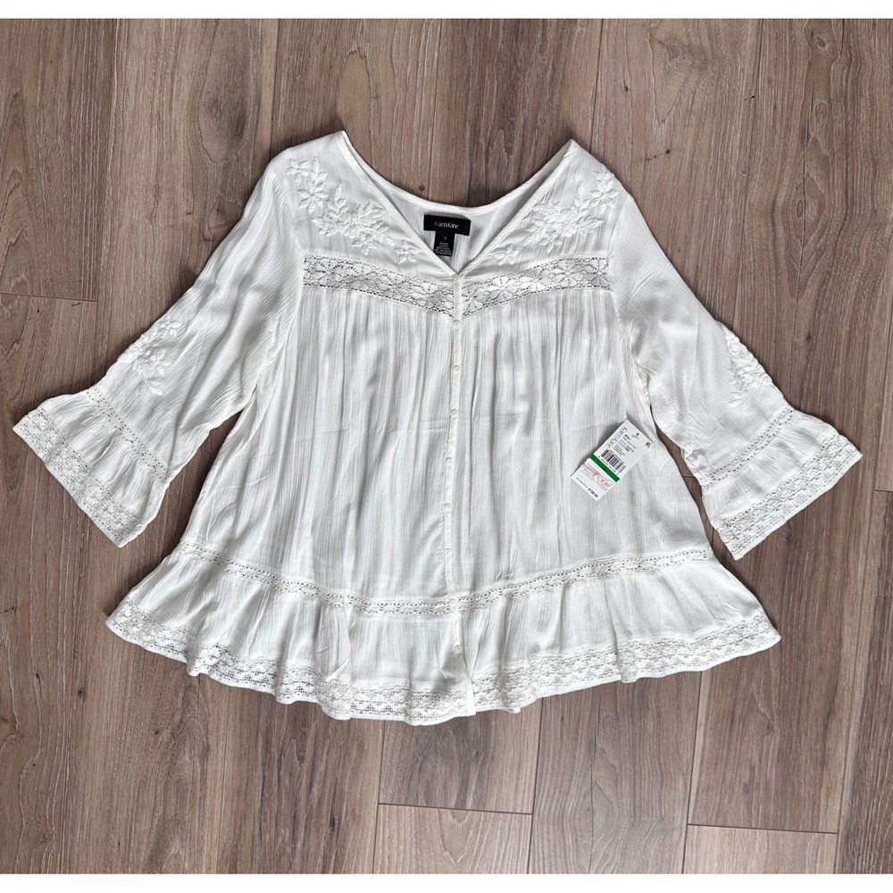 Karen Kane NWT Bali Embroidered Lace Top Boho Bell Sleeves Large Flowy Peasant